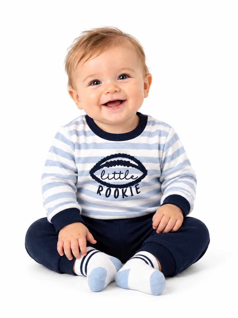 NEW - Monkey Bars 3PC Little Rookie Light Blue & Navy Striped Matching Set 3-6M